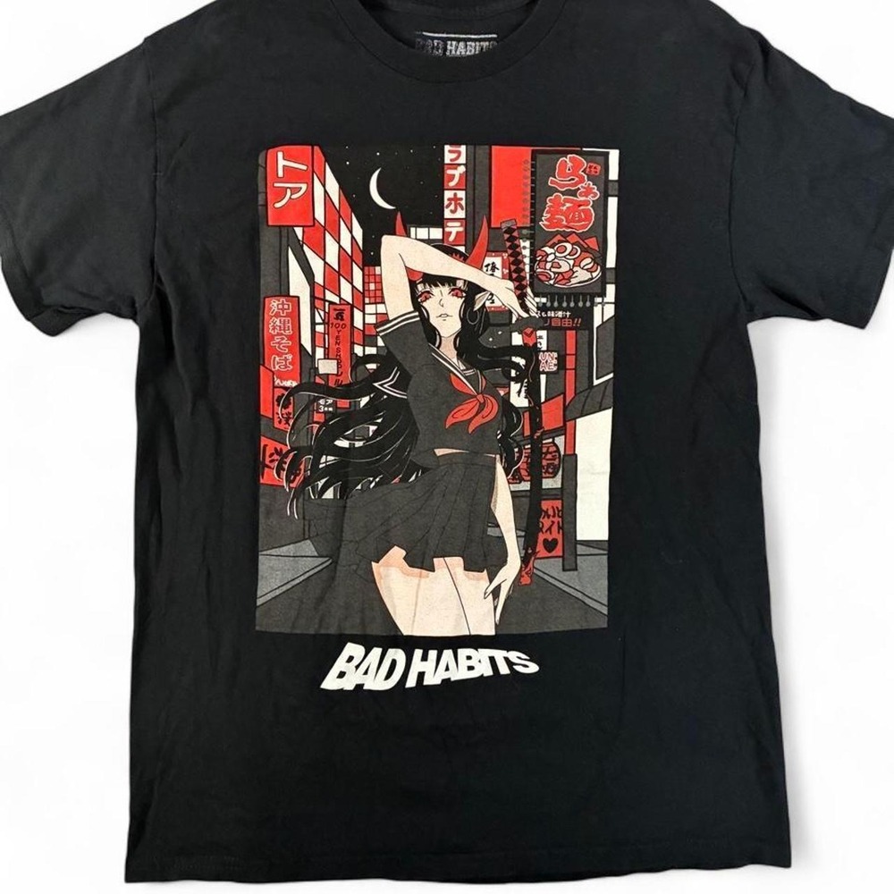Bad Habits black cotton t-shirt with anime graphic. Men's size large